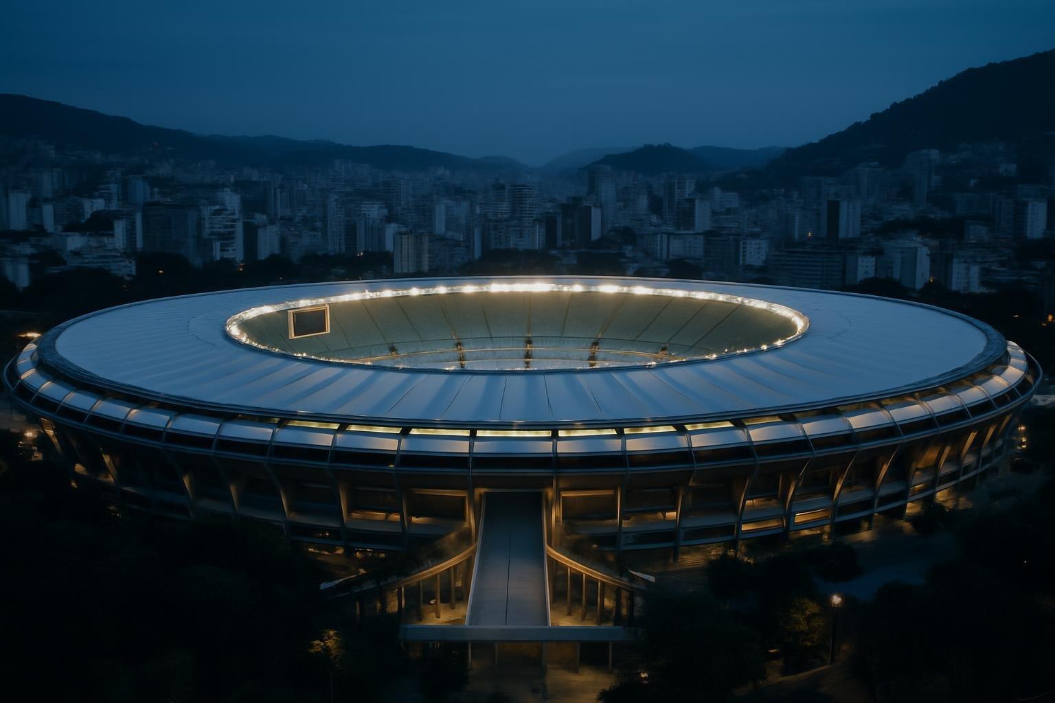 Vista aérea do estádio do Maracanã iluminado ao anoitecer, com o gramado vazio ao centro