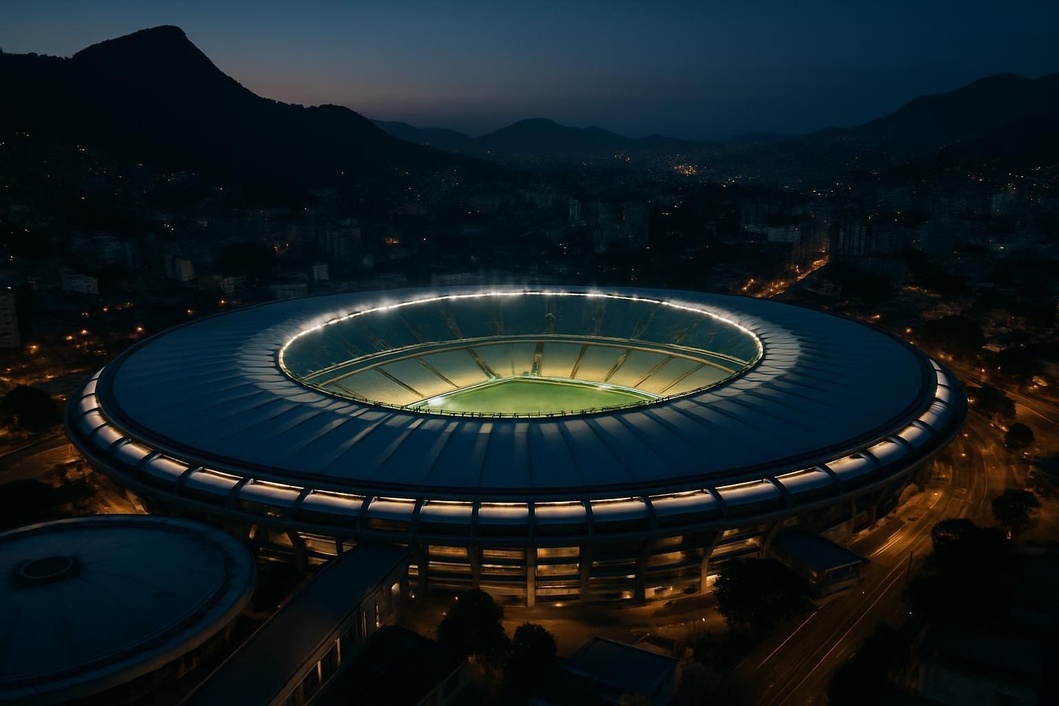 Estádio do Maracanã vazio sob os refletores ao anoitecer, no Rio de Janeiro