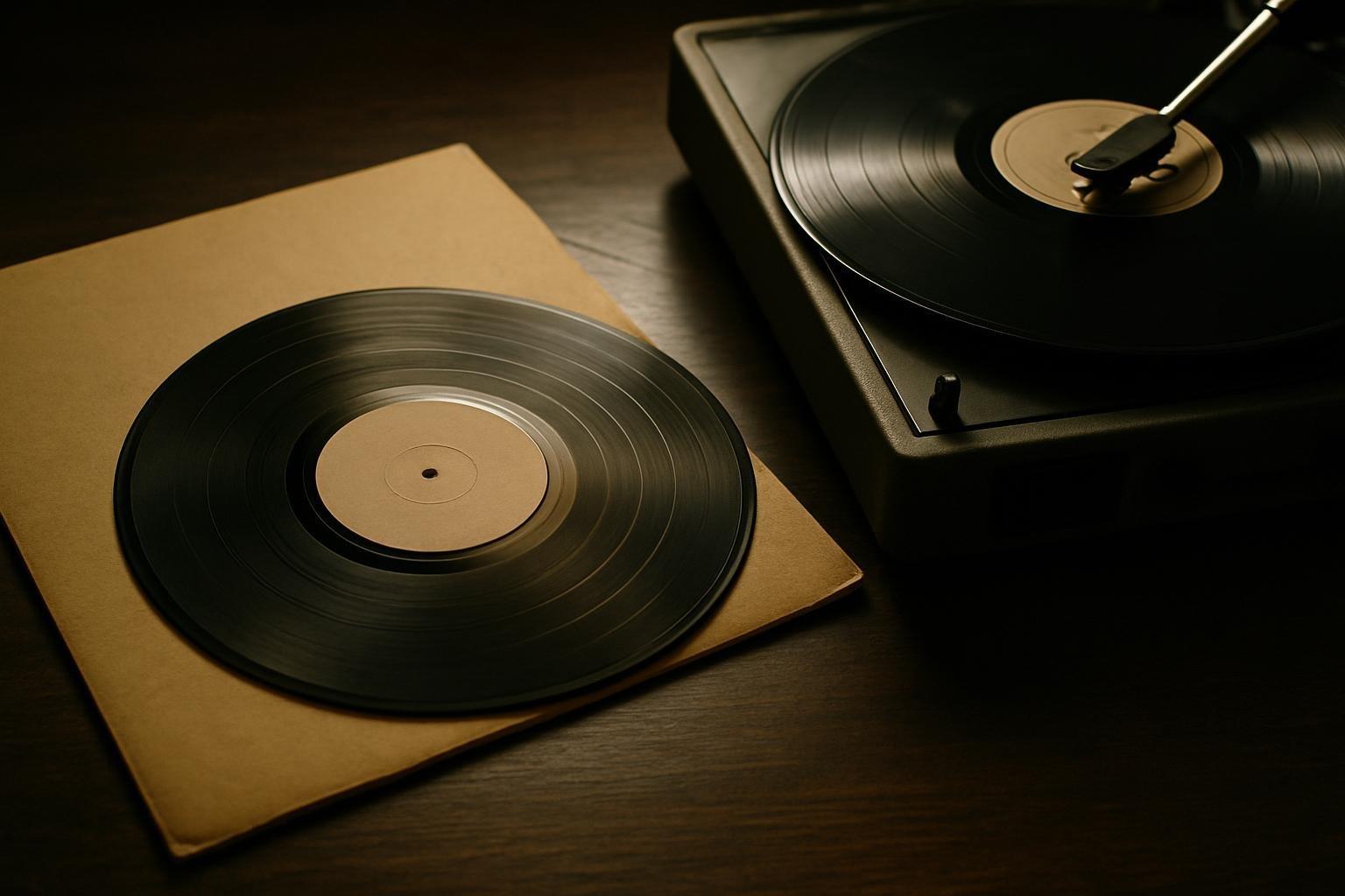 Disco de vinil preto saindo da capa ao lado de um toca-discos antigo sobre mesa de madeira escura