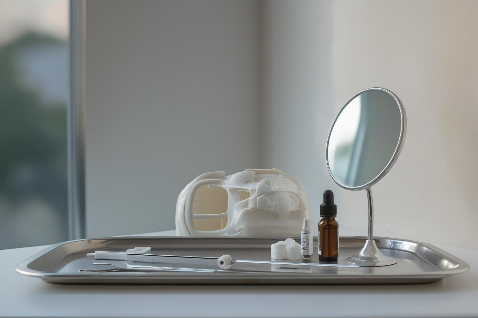 Bandeja com seringas, frascos e modelo anatômico de queixo em consultório de estética facial