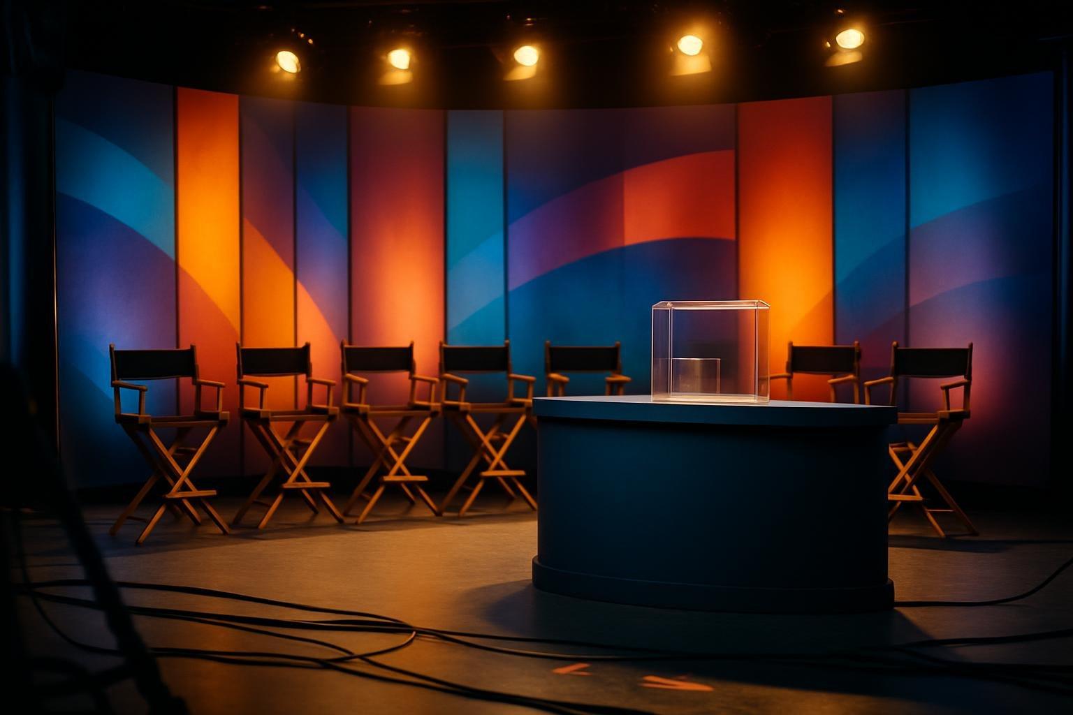 Palco de estúdio de TV montado para o Teleton, com cadeiras vazias, urnas de doação e painéis coloridos sob refletores