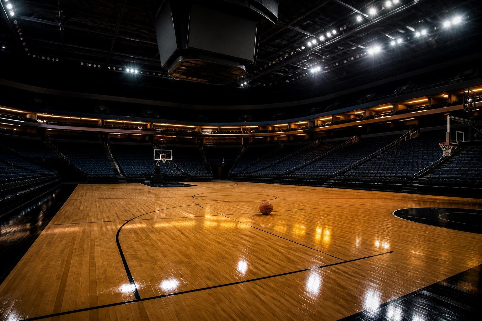Quadra de basquete de arena moderna com bola no círculo central e arquibancadas vazias ao redor