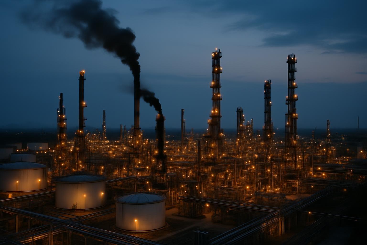 Refinaria de petróleo com torres, tanques e fumaça ao anoitecer, cenário da disputa entre Ucrânia e Rússia